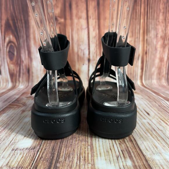 Crocs BROOKLYN LUXE Womens Size 6 Black Gladiator Wedge Sandals Open Toe Shoes - Picture 5 of 9